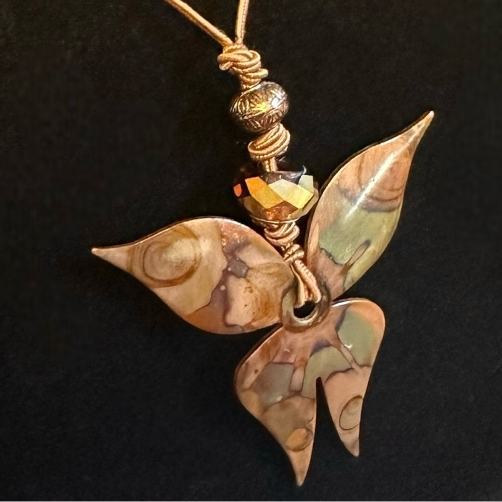 Boutique Vintage Butterfly Necklace Long Cord Copper Abstract Bead Large Pendant